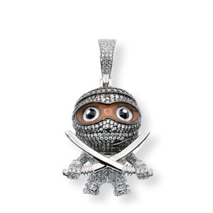 Sterling Silver 925 Rhodium Plated Double Sword Ninja Brown Enamel CZ Pendant
